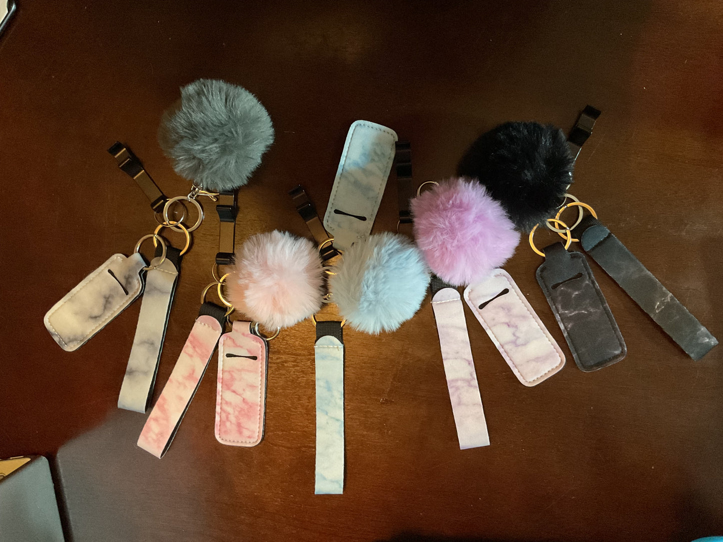 Luxury Marble Keychain with Pom-Pom & Lip Balm Holder